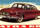 "For lovers of grace style and speed" Tatra offers "a de-luxe six seater affording sheer excitement and pleasure of riding." as this export folder boasts. Shown here are the three panels of the front side of an original A3 folder, printed in full colour. The rear side contains photos and myriad illustrations, showing the benefits offered by this stunning automobile with three headlights behind a curved glass front.